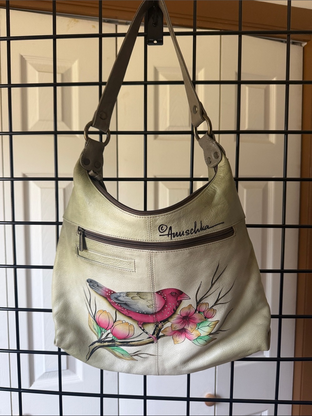 Anuschka Hand-Painted Pink Bird Floral Leather Shoulder Bag